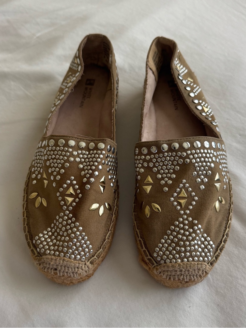 White Mountain Embellished Tan Espadrille Flats with Metallic Studs
